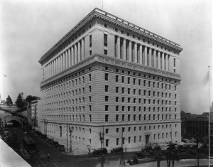 Hall of Justice, showing Broadway and Temple St. elevations. Old Hall of Justice showing its south elevation is seen in lower right background, behind county jail.  [LAPL Photo]