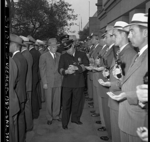 LAPD Chief C.B. Horrall inspecting Detective Division c. 1947.  [Photo courtesy UCLA Digital Collection.]