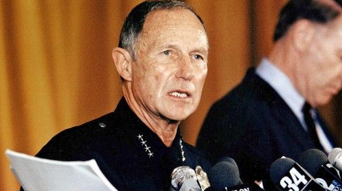 Chief Daryl Gates at a press conference.